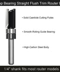Five Piece Top Bearing Flush Trim Router Bit Set With Carbide Tipped 1/4 Inch Shank for pattern routing, engraving, edge trimming