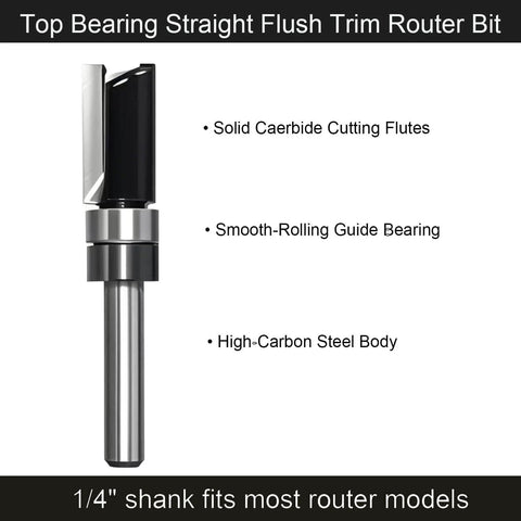 Five Piece Top Bearing Flush Trim Router Bit Set With Carbide Tipped 1/4 Inch Shank for pattern routing, engraving, edge trimming