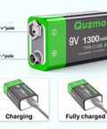Close-up of 4 Pack Rechargeable 9V Batteries Featuring 1300mAh Lithium Ion Juice And Usb C Built In Port With Led Charging Lights.