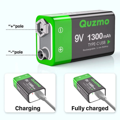 Close-up of 4 Pack Rechargeable 9V Batteries Featuring 1300mAh Lithium Ion Juice And Usb C Built In Port With Led Charging Lights.