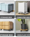 Storage box with wheels, computer host on rolling platform, wooden storage box, planter on caster base.