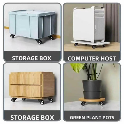 Storage box with wheels, computer host on rolling platform, wooden storage box, planter on caster base.