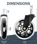 Dimensions of 3 Inch Rubber Chair Wheels Replacement Casters With Seven Sixteenth Inch Stem Universal Fit and transparent wheels