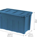 31 Gallon Storage Totes 8 Pack Built Like A Tank Heavy Duty Stackable Bins With Snap On Lids And Easy Grip Handles Eco Friendly Utility Tubs Made In USA Garage Organizing Gear Storage Navy, featuring dimensions.