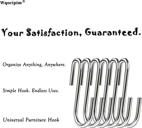 50 Pack 2.4 Inch Heavy Duty 304 Stainless Steel S Hooks For Kitchen Pots Pans Utensils Towels Tools Clothes And More No Rust Durable Hanging Hooks For Cabinets Racks Shelves displayed in a row.