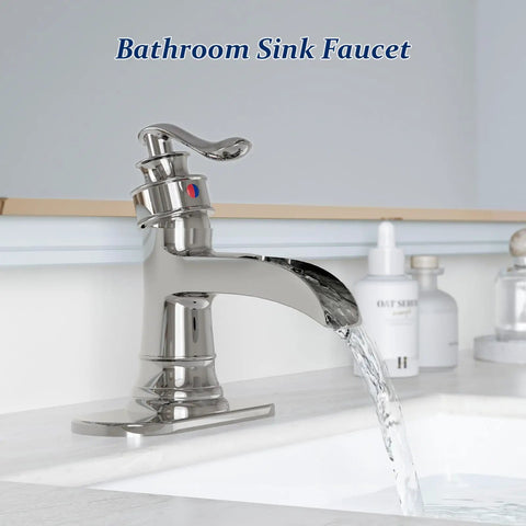 Chrome Waterfall Bathroom Faucet With Single Handle, One Hole Sink Setup, water flowing, solid brass, vanity basins