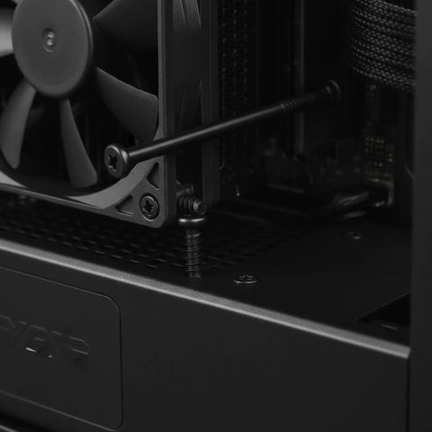 Close-up of self tapping screws for PC case installation fastening a fan with carbon steel and black oxide finish