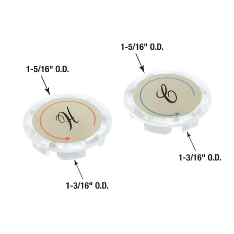 Universal Faucet Index Buttons For Two Handle Washerless Faucets One And Five Sixteenths Inch Outer Diameter Clear Acrylic With Gold Plating Two Pack showing hot and cold indicators