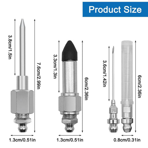 Grease Gun Needle Nozzle Set With Two Precision Needle Nozzles, One Needle Dispenser, And Rubber Adapter, visible size details.