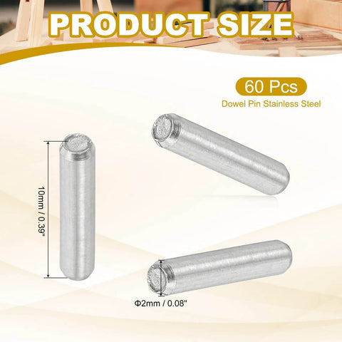 2Mm By 10Mm Stainless Steel Dowel Pins Set Of 60 for Shelves and Furniture Fixing displayed in different angles with size dimensions