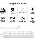 Six Outlet Power Strip Surge Protector With Individual Switches And Durable Mountable Design For Under Desk Or Wall Use Protective Case Energy Saving Perfect For Home Office Setup Or Gaming Rig 15A 1875W 6 Ft 14 AWG Cord White with multiple protection icons