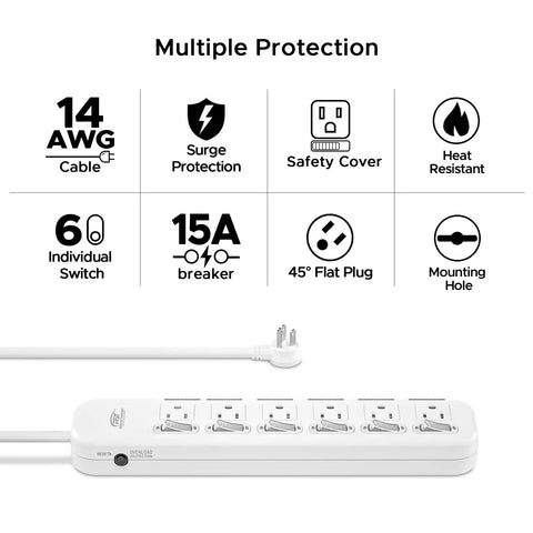 Six Outlet Power Strip Surge Protector With Individual Switches And Durable Mountable Design For Under Desk Or Wall Use Protective Case Energy Saving Perfect For Home Office Setup Or Gaming Rig 15A 1875W 6 Ft 14 AWG Cord White with multiple protection icons