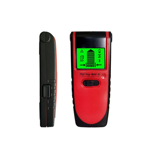 Top Notch Three In One Wall Scanner And Heavy Duty Stud Finder with LCD screen, side and front view, used for detecting studs and wires.