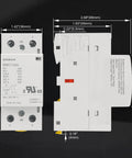 Heavy Duty 63A Modular Contactor With 2NO Poles Operating On 24V AC DC Coil Voltage Plug And Play Din Rail Mount side view with dimensions