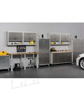 Garage setup with lockable solid steel storage cabinet with adjustable shelves, 48W x 24D x 72H, stainless doors, among other cabinets.
