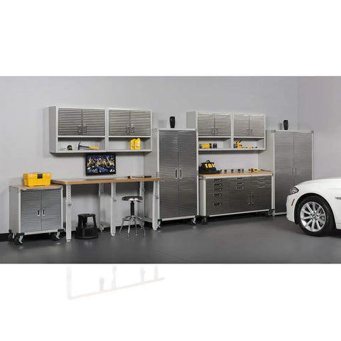 Garage setup with lockable solid steel storage cabinet with adjustable shelves, 48W x 24D x 72H, stainless doors, among other cabinets.