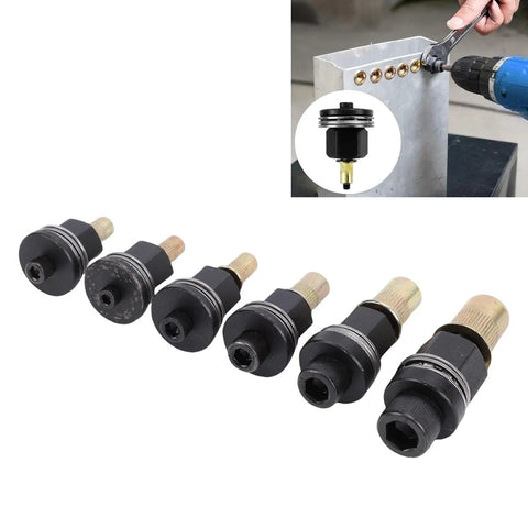 Six Piece Hand Rivet Nut Tool Mandrel Set With 10-24 To 3 8 16 Threaded Inserts shown with metal panel usage detail