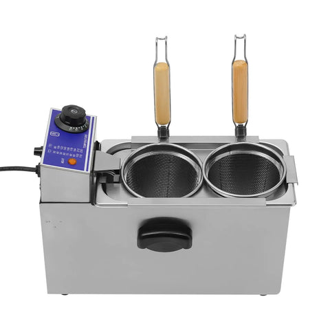 Two Hole Electric Noodle Cooker With Dual Baskets 110V 1200W Stainless Steel Pasta Cooker For Home Kitchen Restaurant And Shop Use Fast Heating Noodle Dumpling Maker showing dual baskets and control dial.