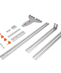 Rock Solid Router Milling Bracket With Adjustable Circle Cutting Jig And Straight Edge Guide parts laid out on a surface, made of stainless steel.