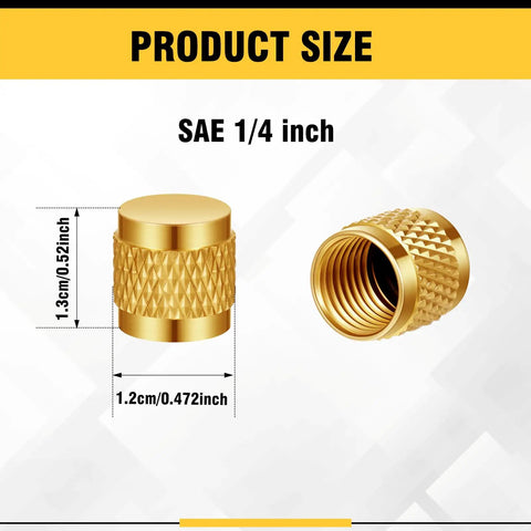 Product size diagram of brass valve caps, SAE 1/4 inch with 1.2cm diameter and 1.3cm height, for HVAC and plumbing projects.