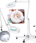 Lit LED Magnifying Lamp With Stand And Rolling Base, 4.9 Inch Lens, 2,200 Lumens, Stepless Dimmable, white lamp in use