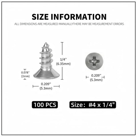 Rock Solid Hundred Pack Of Number 4 Flat Head Phillips Self Tapping Screws Crafted From Corrosion Resistant 304 Stainless Steel For Heavy Duty Sheet Metal Work And Wood Projects size information with dimensions
