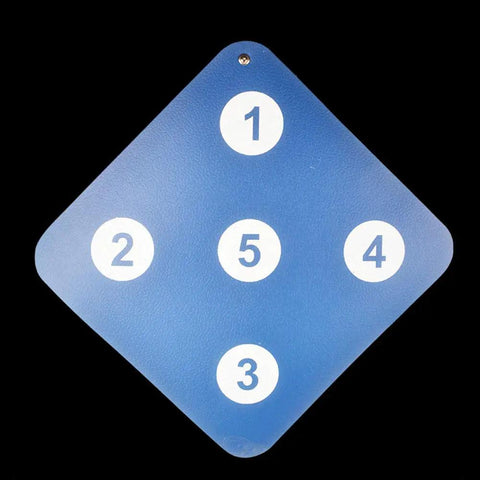 Wall Mounted Fencing Target With Five Bullseyes For Training, blue target with numbered white bullseyes on black background.