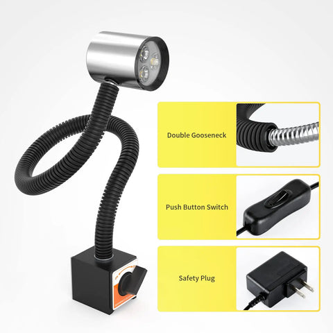 Magnetic IP65 Waterproof Led Work Light With Flexible Gooseneck, 900 Lumens, 110V-240V Range showing gooseneck and switch