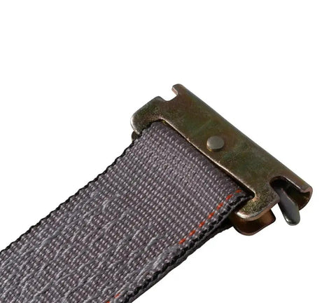 Close-up of spring E fittings on grey 2 Inch By 16 Foot Ratchet E Track Straps with 4000 pound breaking strength
