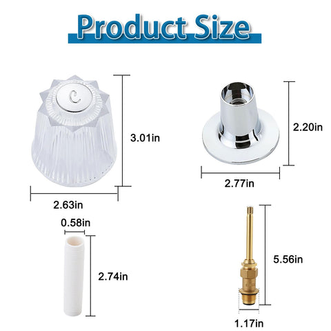 Two Piece Bathtub And Shower Knob Replacement Kit With Clear Acrylic Handles, Stems, Seats And Flanges, includes dimensions