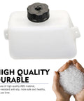 White gas tank kit for mini bikes and ATVs with oil filter, two pipes, and four clamps shown above white ABS material granules.
