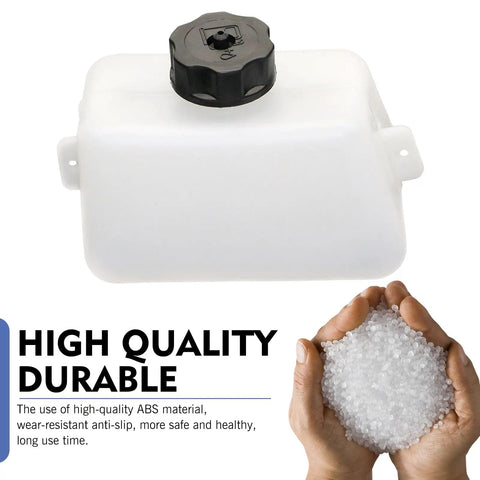 White gas tank kit for mini bikes and ATVs with oil filter, two pipes, and four clamps shown above white ABS material granules.