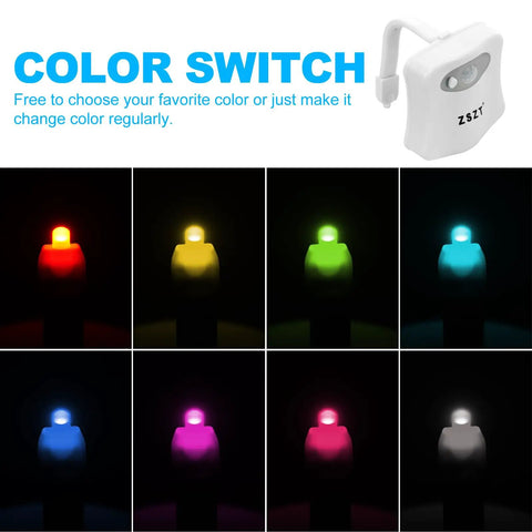 Motion Sensor Toilet Night Light With Eight Color Changing Led Glow For Bathroom Hands Free Auto On In Darkness Perfect For Midnight Pee Energy Saving Nightlight Fun Gift For Family display