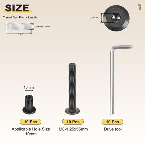 Barrel Nuts And Flat Head Screws With Wrench M8 1 25 By 55 20 Pcs Galvanized Furniture Hardware Set components shown