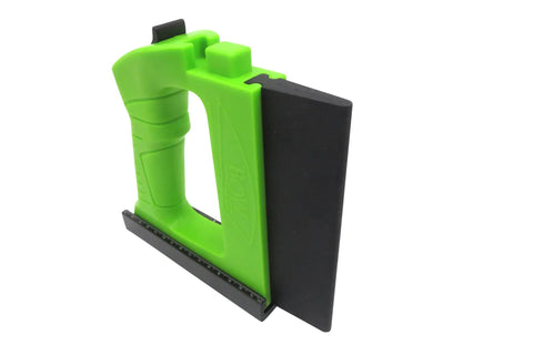 GuidePRO Bundle GP5 Bandsaw Guide With GP7 Extender And Anchor Bar Hardware for vertical resaw featherboard in green plastic.