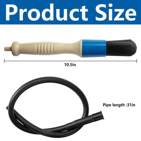 Heavy Duty Parts Washer Brush With 31 Inch Hose, Durable Rubber Construction And Stiff Bristles, Ergonomic Grip Handles shown with dimensions.