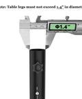 Adjustable table leg extenders measuring 1.4 inches in diameter using caliper, highlighting specifications for folding desks.