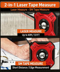 Laser Tape Measure 2-in-1, 131ft/40m Laser Distance Meter & 16ft/5m Tape Measure, showing measurement functions.