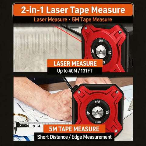 Laser Tape Measure 2-in-1, 131ft/40m Laser Distance Meter & 16ft/5m Tape Measure, showing measurement functions.