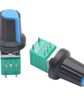 Pack Of 12 Dope Single Linear Rotary Potentiometers With Switch Two Of Each 5K 10K 20K 50K 100K 500K Ohms Knurled Shaft 5Pin RK097N-5-5K-500K Top Adjustment Type B 300 Degree Rotation black knob and green base.