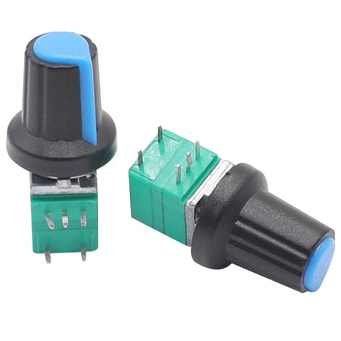 Pack Of 12 Dope Single Linear Rotary Potentiometers With Switch Two Of Each 5K 10K 20K 50K 100K 500K Ohms Knurled Shaft 5Pin RK097N-5-5K-500K Top Adjustment Type B 300 Degree Rotation black knob and green base.