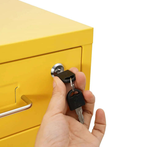 Solid Six Drawer Vertical Steel Rolling File Cabinet For Docs And Tools With Smooth Caster Wheels key inserted for locking.