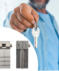 Thinking Process: stainless steel key fixture clamp, 16.9x54.1mm, shown holding a key for locksmith cutting