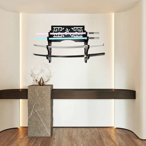 Sword Wall Mount Katana Holder Display Stand Dope Gift For Full Tang Katana Japanese Sword Tai Chi Sword Lightsaber And Long Sword With Red Velvet Felt Pad To Protect Scabbard And Prevent Scratches, wall-mounted with katanas and lightsaber.