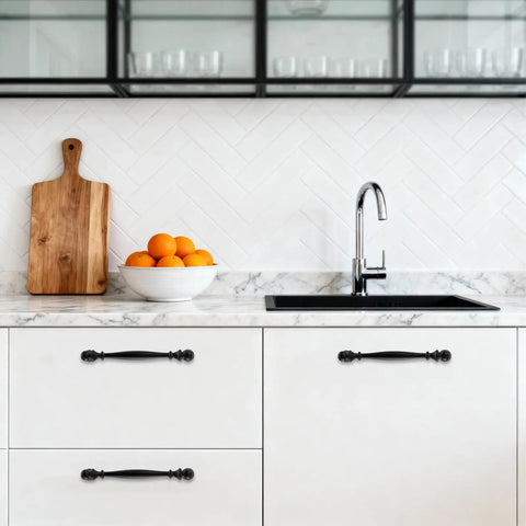 10 Pack 5 Inch Matte Black Cabinet Handles Zinc Alloy Drawer Pulls Solid Kitchen Hardware For Cabinets On White Drawers