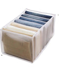 Wardrobe Upgrade Alert Killer 7 Grid Pants Organizer Box For Closet Drawer Sorter with seven slots for trousers.