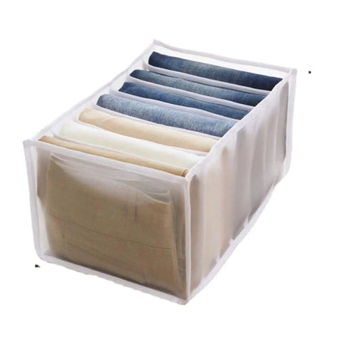 Wardrobe Upgrade Alert Killer 7 Grid Pants Organizer Box For Closet Drawer Sorter with seven slots for trousers.