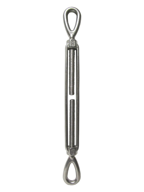 One Quarter Inch By Four Inch Stainless Steel Forged Eye Eye Turnbuckle Type 316, showing adjustable tension for marine rigging.