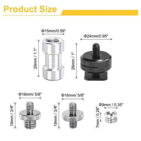 Double Threaded Camera Screw Mount Set size references for adapters and screws shown with dimensions in millimeters and inches