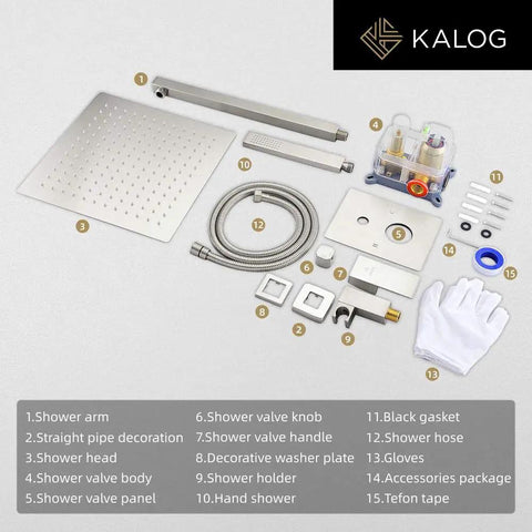 Rain Shower System With Jets And Handheld Sprayer components including 12-inch brushed nickel overhead shower head and accessories.